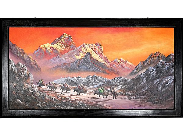 Ox March in Sunset Near Mount Everest | Oil On Canvas