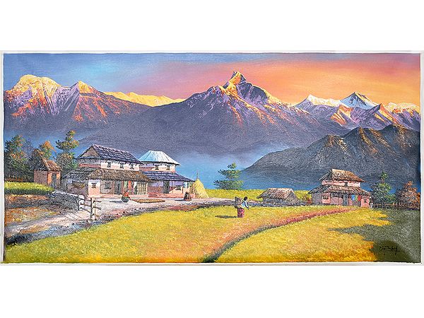 Mountain of Annapurna Village View Painting | Oil On Canvas