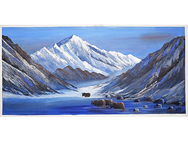 Oxes In River Near Mount Everest | Oil On Canvas