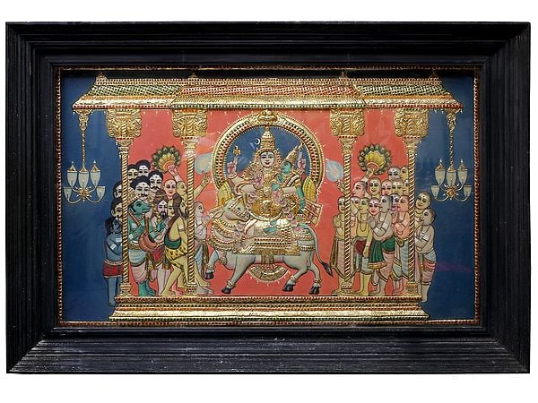 Shiva Parvati Seated on Nandi | Traditional Colors With 24K Gold