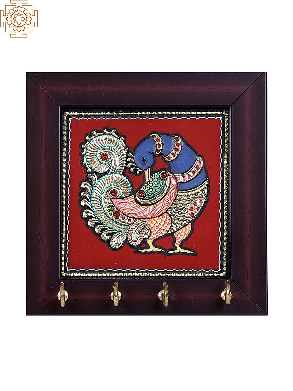 Peacock with Blue Neck Key Hanger | Tanjore Art with Gold Foil Work