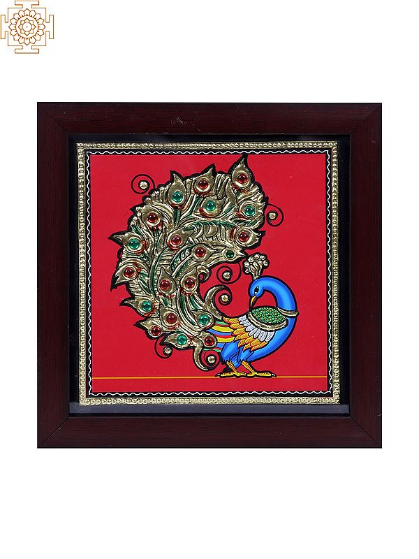Blue Peacock with Long Tail | Tanjore Art with Gold Foil Work