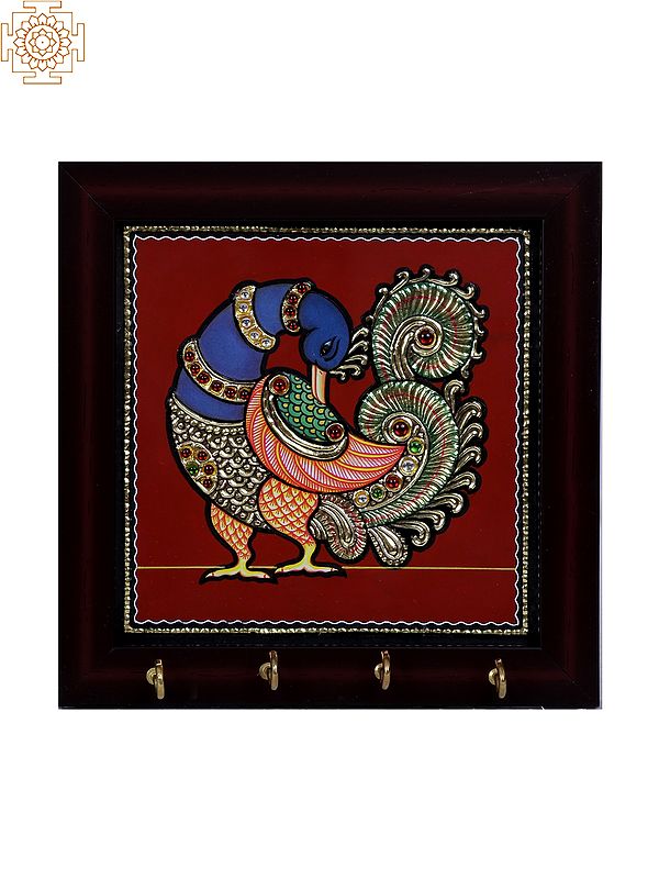 Decorative Peacock Key Hanger | Tanjore Art with Gold Foil Work