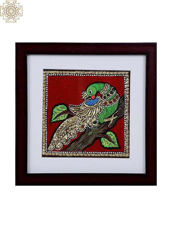Parrot on Tree with Golden Tail | Tanjore Art with Gold Foil Work