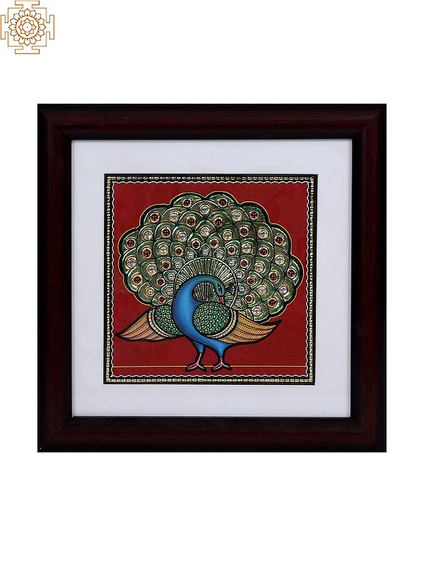 Peacock with Open Tail | Tanjore Art with Gold Foil Work