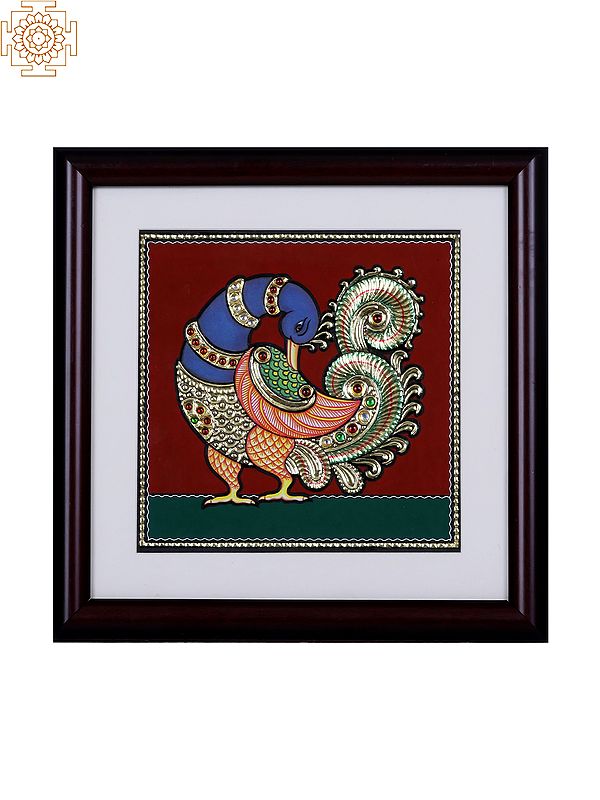 Peacock with Long Tail | Tanjore Art with Gold Foil Work