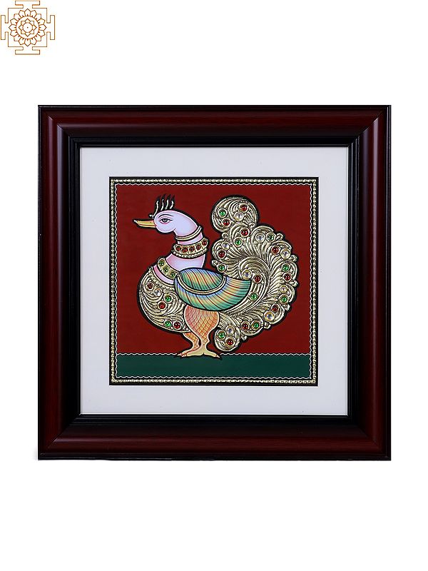 Peacock with Golden Tail | Tanjore Art with Gold Foil Work