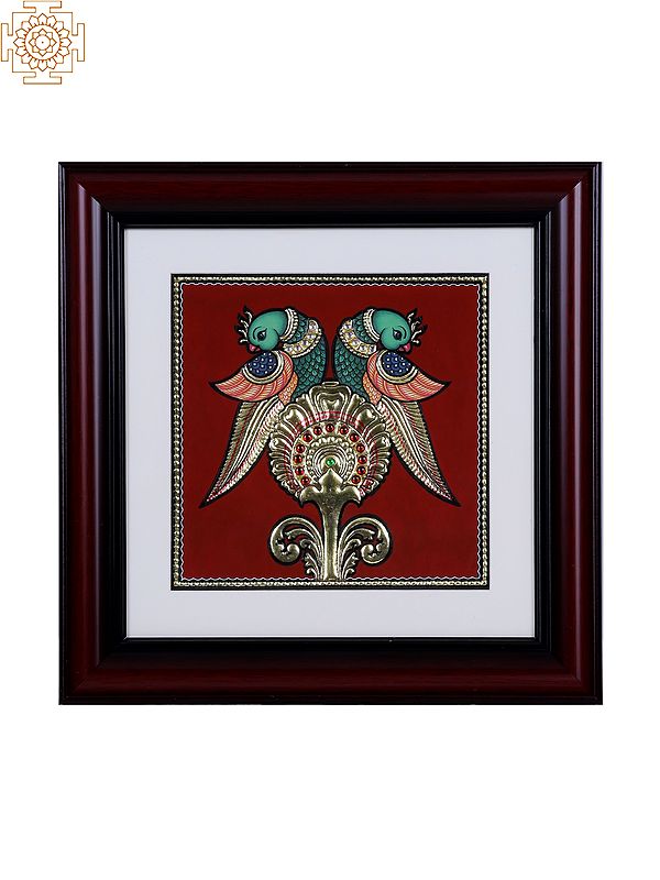 Pair of Parrot with Golden Tail | Tanjore Art with Gold Foil Work