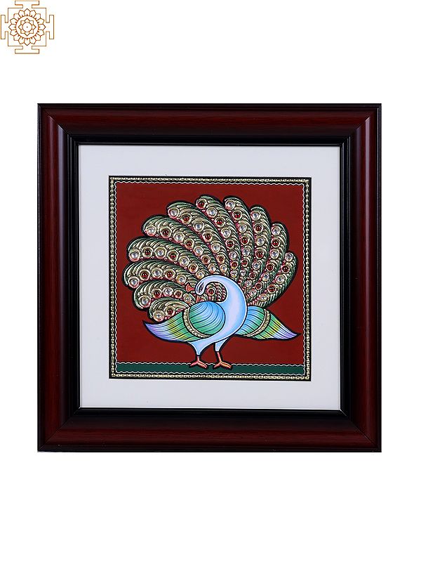 Peacock with Open Tail | Tanjore Art with Gold Foil Work