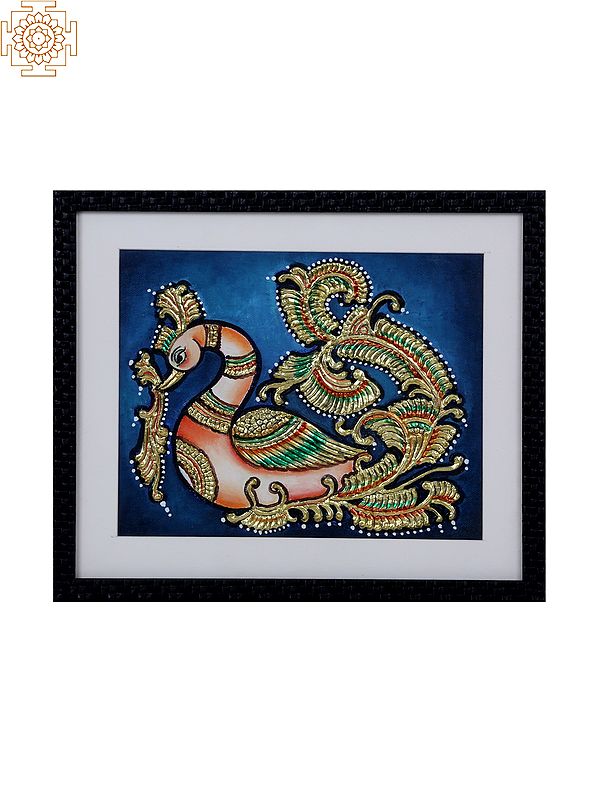 Peacock with Colorful Long Tail | Tanjore Art with Gold Foil Work