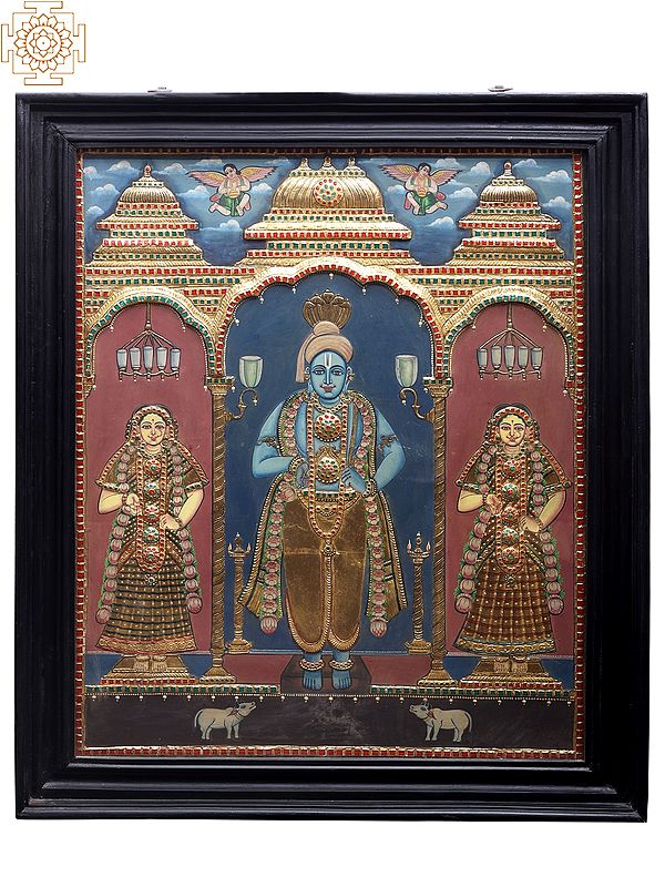 Lord Vishnu with Shridevi and Bhudevi | Traditional Colors With 24K Gold