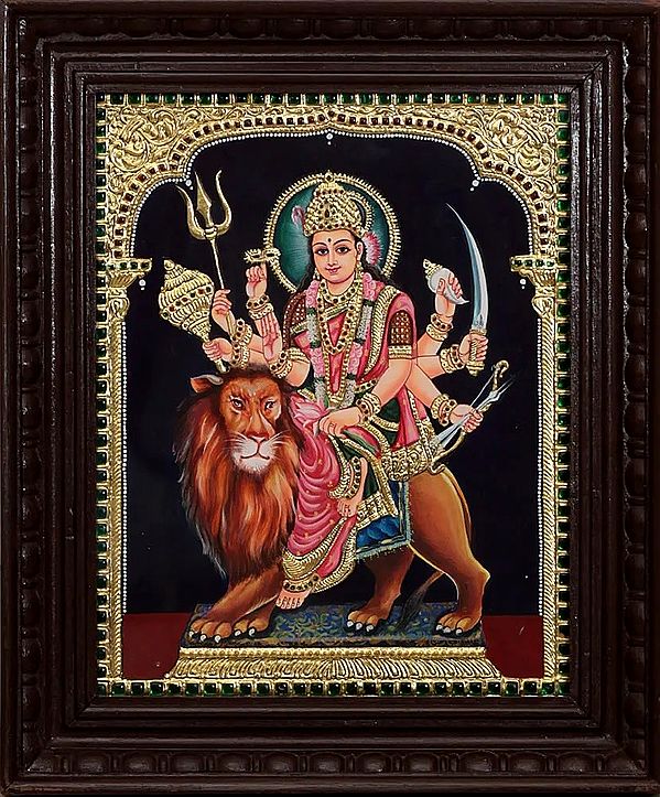 Mother Goddess Durga Tanjore Painting (Framed)