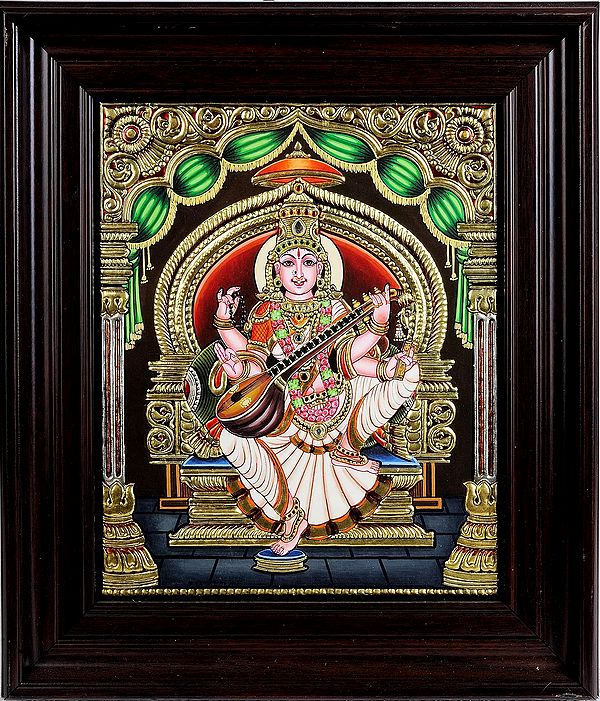 Goddess Saraswati Seated in Lalitasana Wearing Sari | Framed Tanjore Painting
