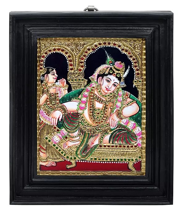 Relaxing Krishna Tanjore Painting | Traditional Colors With 24K Gold | Teakwood Frame | Gold & Wood | Handmade | Made In India
