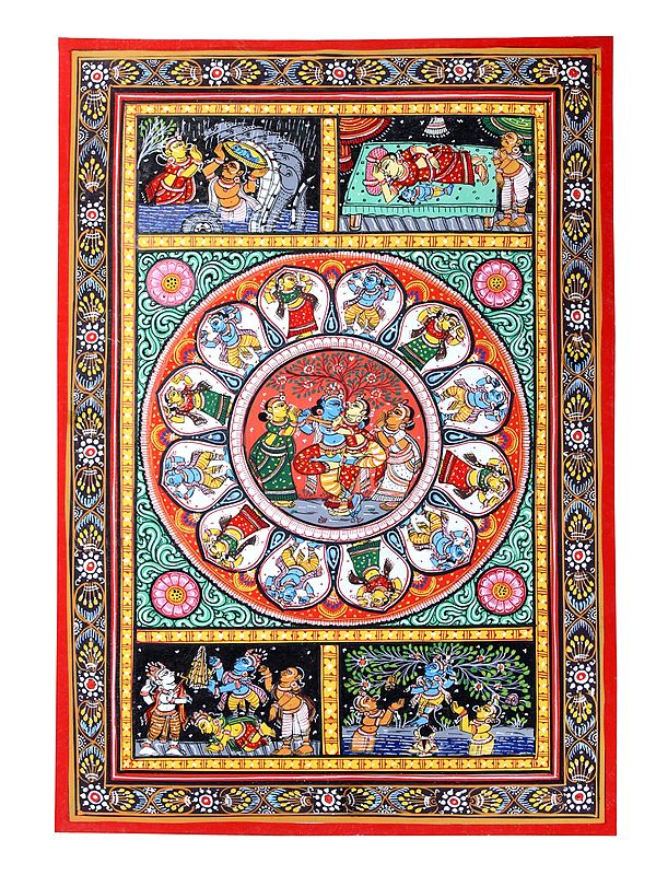 Radha-Krishna at Center with Episodes of Krishna's Life (Krishna Leela)