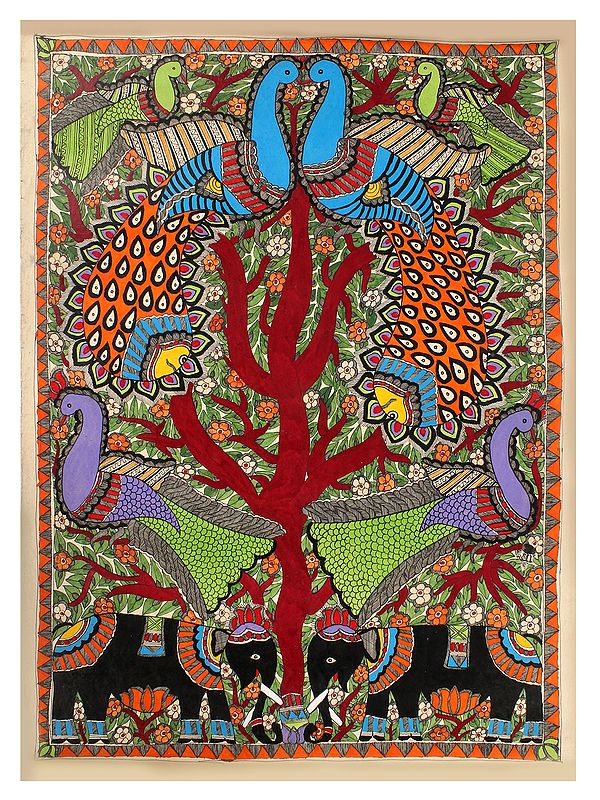 Peacocks on Tree & Pair of Black Elephant | Madhubani Painting