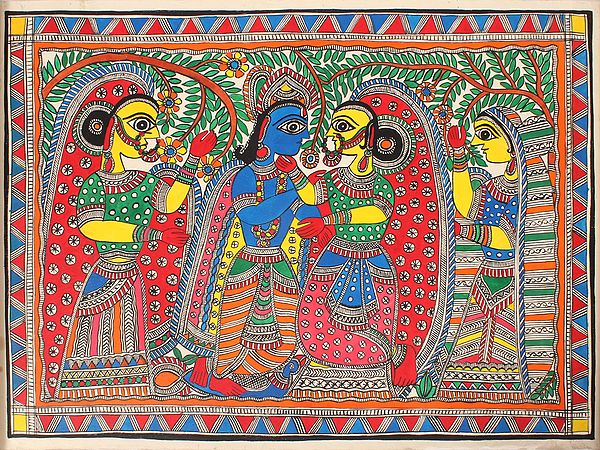 Radha Krishna with Gopis | Madhubani Painting