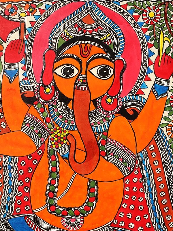 Sitting Chaturbhuja Lord Ganesha with Modak | Madhubani Painting ...