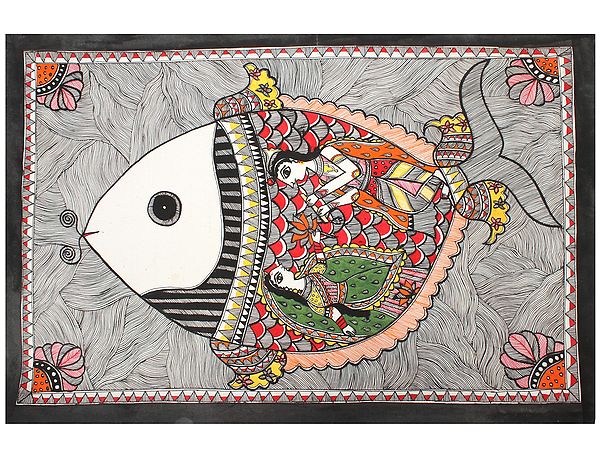 Radha Krishna Inside The Fish | Madhubani Painting