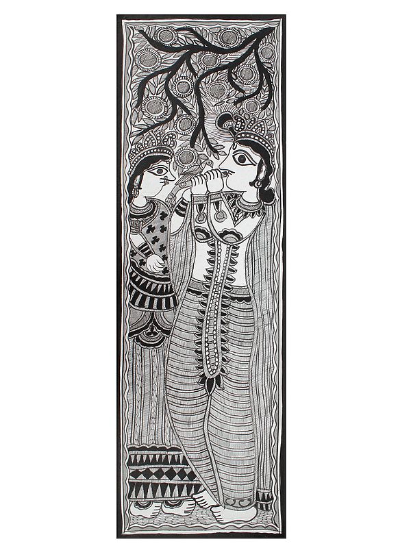 Lord Krishna Playing Flute with Radha | Madhubani Painting