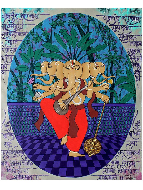 Panchamukhi Ganesha With Shlokas | Acrylic On Canvas