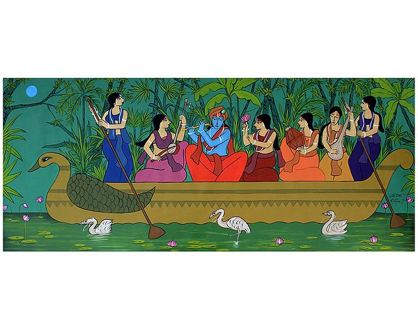 Radha Krishna and Friends in Boat | Acrylic on Canvas