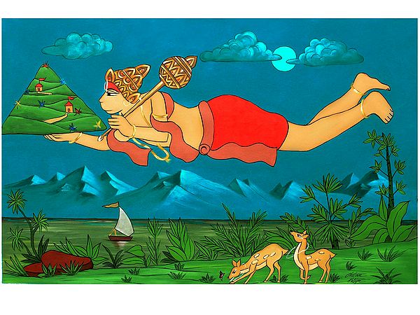 Lord Hanuman Carrying Sanjeevani | Acrylic On Canvas