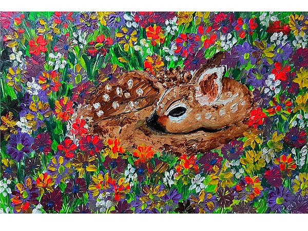 Baby Deer in Flowers | High Texture Finger Painting | By Konika Banerjee