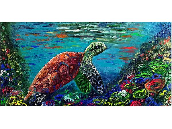 Sea Turtle Underwater | High Texture Finger Painting | By Konika Banerjee