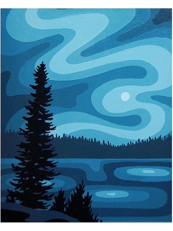 Midnight Moon by The Mountain Lake in Various Blue Shades | Acrylic on Canvas | By Pooja Agarwal