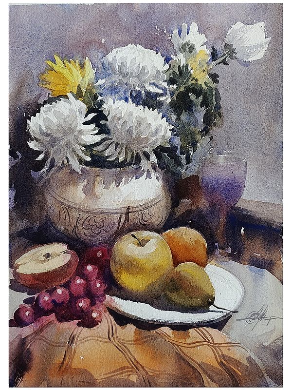 White Flowers and Fruits Still Life | Loose Watercolour Painting | By Achintya Hazra