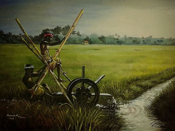 Water Wheel (Chakram Chavittal) Farming in Kerala | Acrylic on Paper | Painting By Aneesh Bandadka