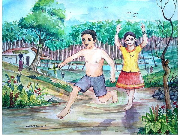 Childhood in a Village | Watercolor | Painting By Aneesh Bandadka