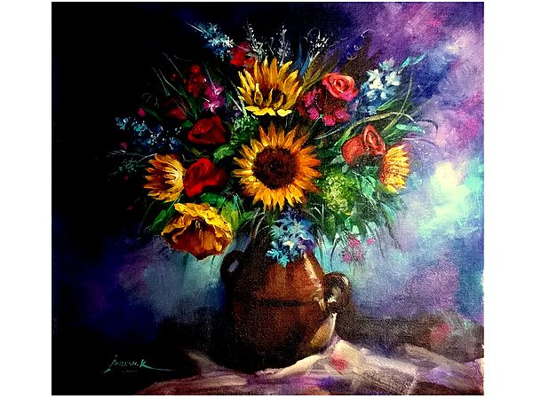Flower Pot | Acrylic on Canvas | Painting By Aneesh Bandadka
