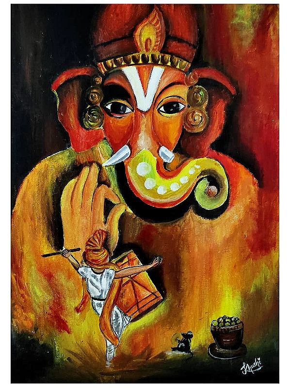 Worship of Lord Ganesha | Acrylic On Canvas | By Khushi Sahani