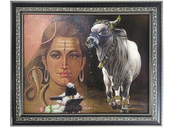 Lord Shiva with Nandi and Lingam | Oil On Canvas | Painting by Dattatray Goilkar |  With Frame