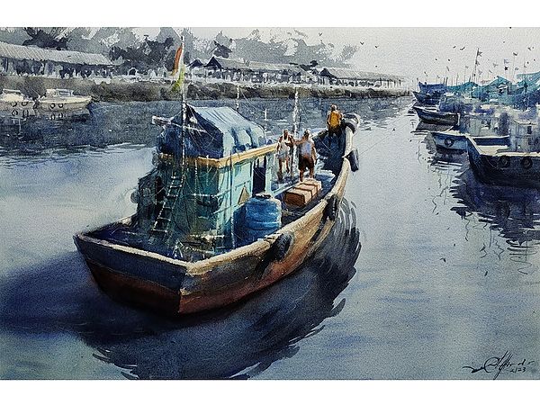 Boat on the Lake | Watercolour Painting | By Achintya Hazra