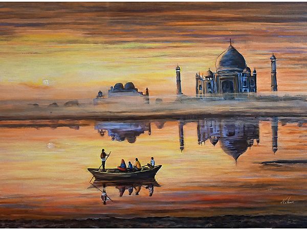 A Wintry Dawn of Tajmahal from Bank of Yamuna | Acrylic Painting on Canvas Board