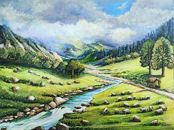 Green Valley with Misty Mountain | Acrylic Painting on Canvas Board