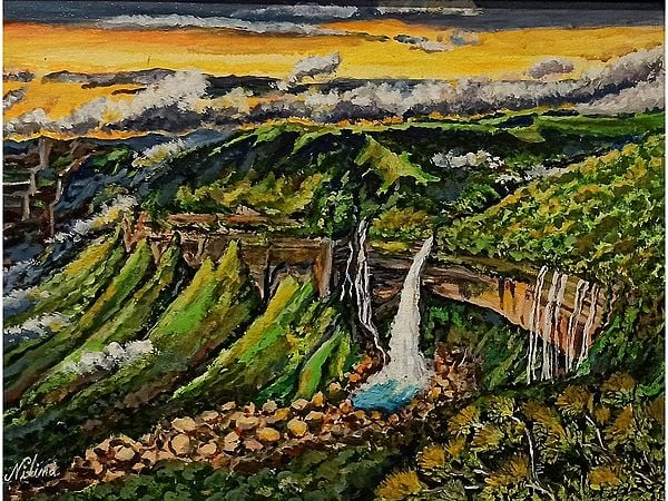 Nohkalikai Waterfalls | Acrylic Painting on Canvas Board | by Nilina Guha