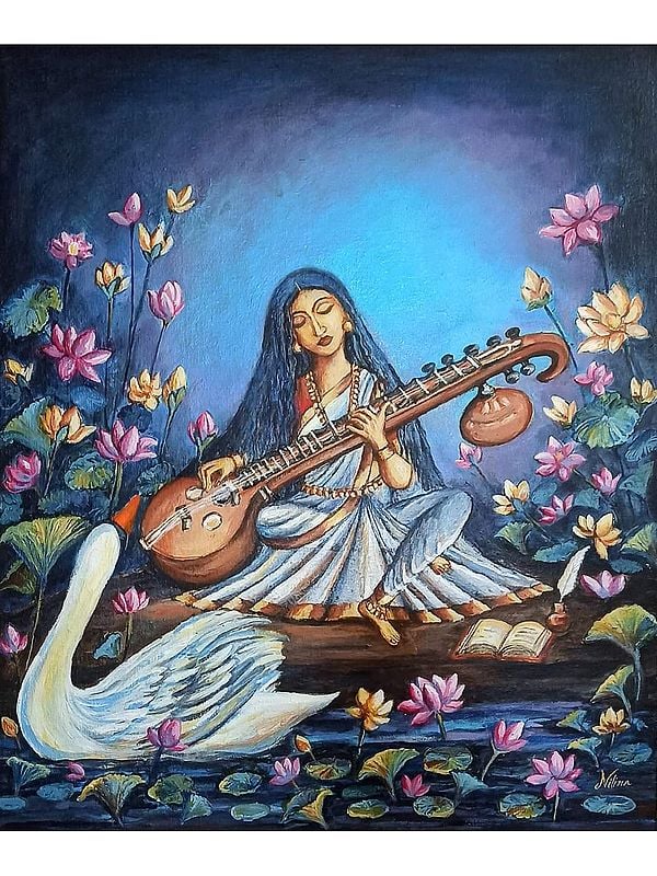 Goddess Saraswati The Divine Tranquility | Acrylic Painting on Canvas Board