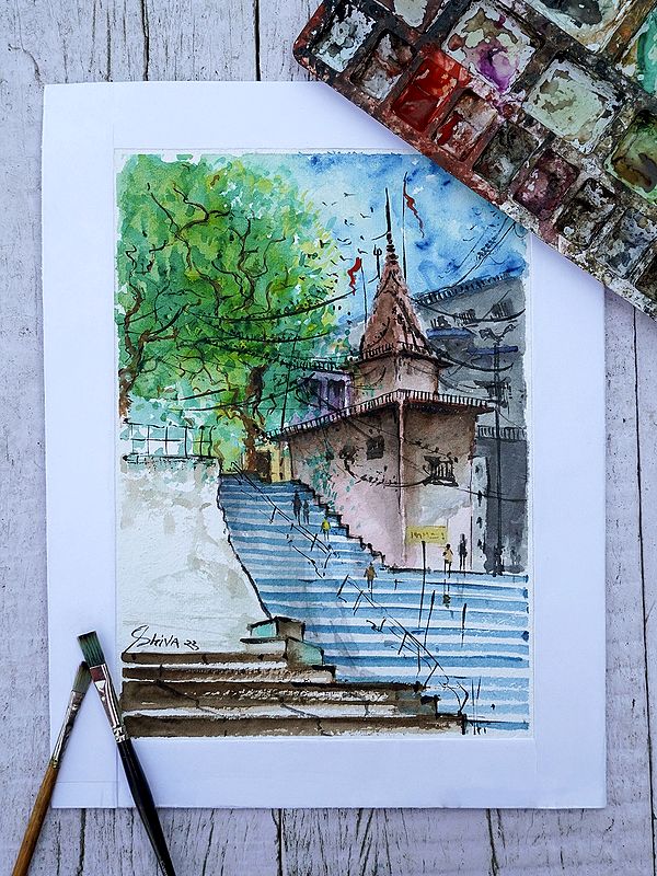 Ganga Mahal Ghat | Watercolor Painting by Shiva Pandey