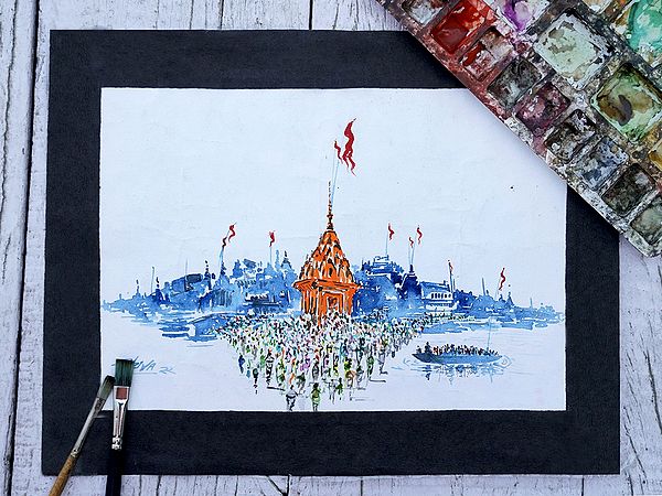 Morning at Banaras Ghat | Watercolor Painting by Shiva Pandey