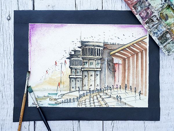 Landscape Varanasi Ghat | Watercolor Painting by Shiva Pandey