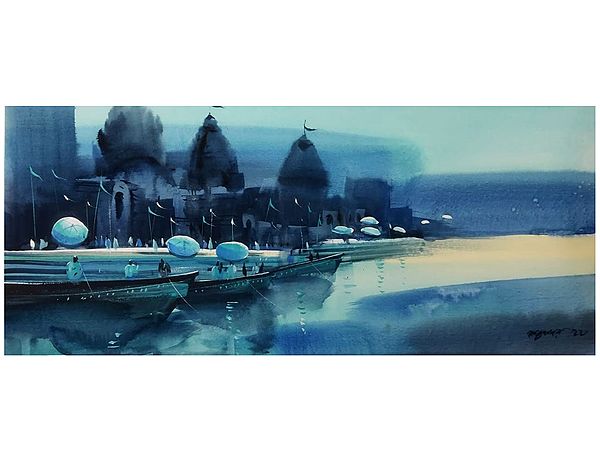 Benaras Ghat Night View | Painting By Santu Naskar | Water Colour On Paper