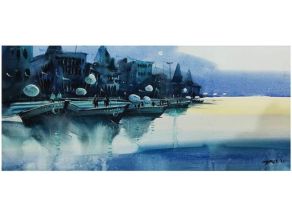 Boats At Ganga Ghat (Varanasi) | Painting By Santu Naskar | Water Colour On Paper