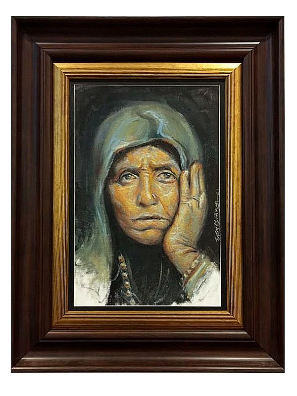 Old Lady Waiting Oil Painting on Canvas-by Boby Abraham | With Frame
