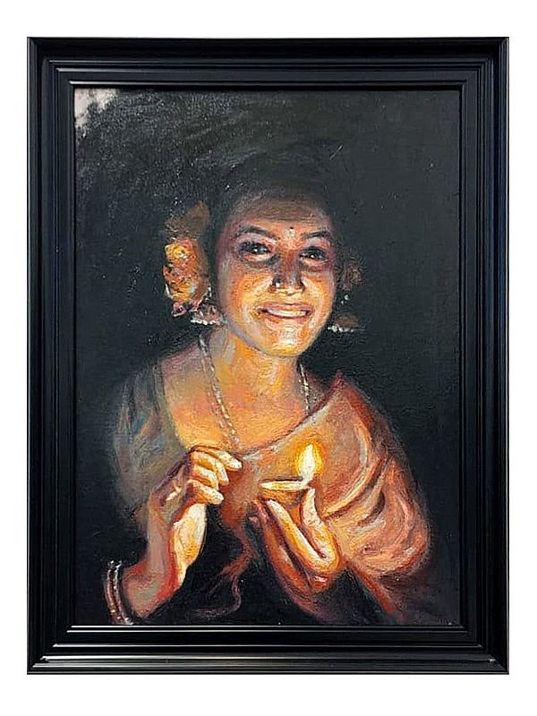 Woman with Diya (Lamp) on Diwali | Oil Paint on Canvas by Boby Abraham | With Frame