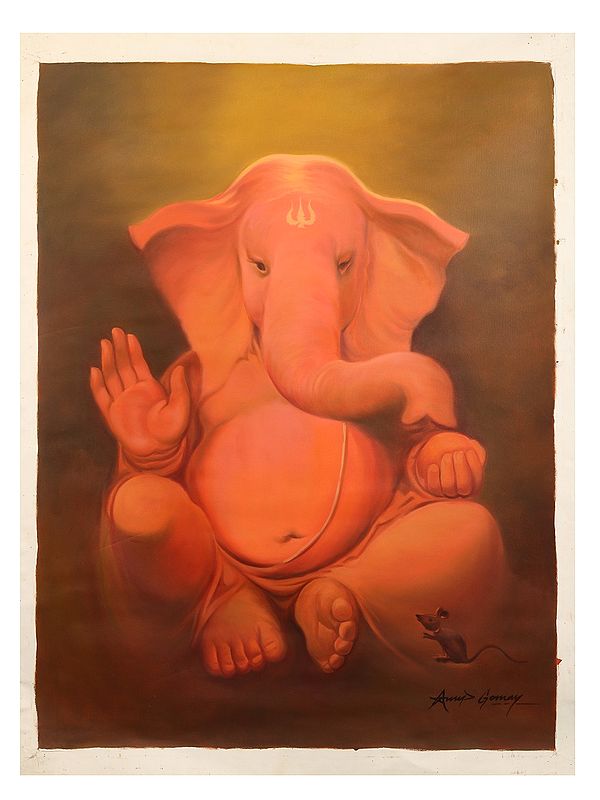 Soft Hued Ganesha Oil Painting on Canvas | Without Frame
