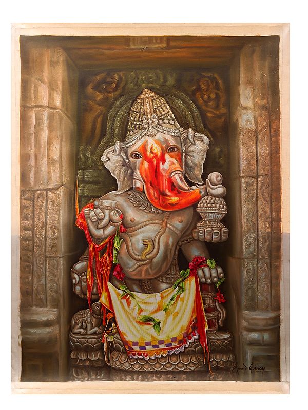 Temple Ganesha Oil Painting on Canvas (Portrait of a Sculpture) | Without Frame